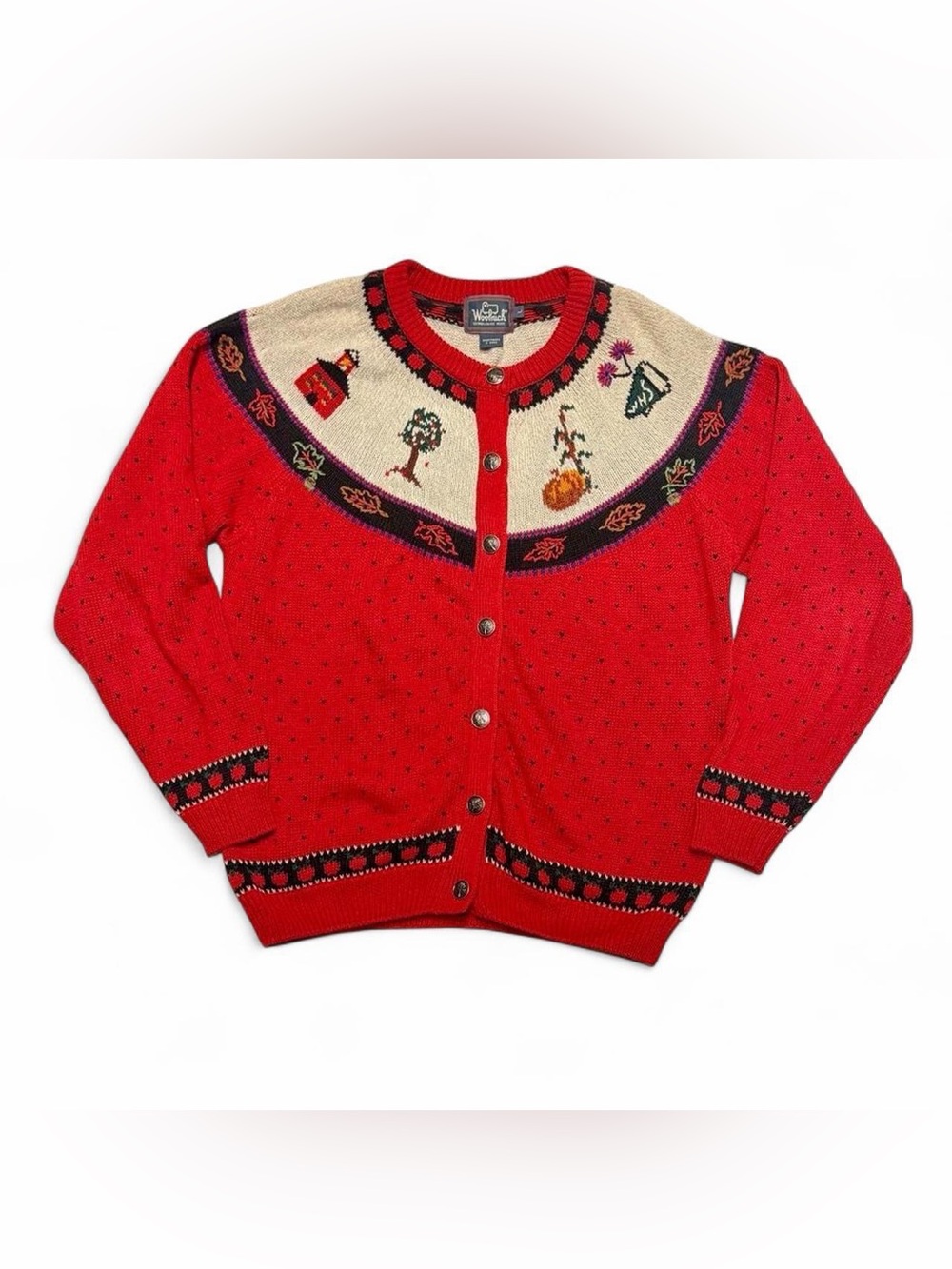 Woolrich L Grandma Teacher Red Autumn Fall School Sweater Button Cardigan 90s